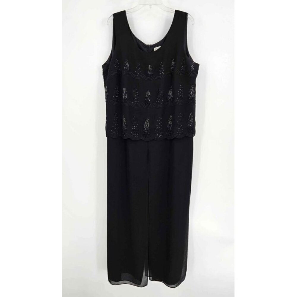 R&M Richards Karen Kwong Sleeveless Black Wide Leg Jumpsuit Sheer Overlay 18